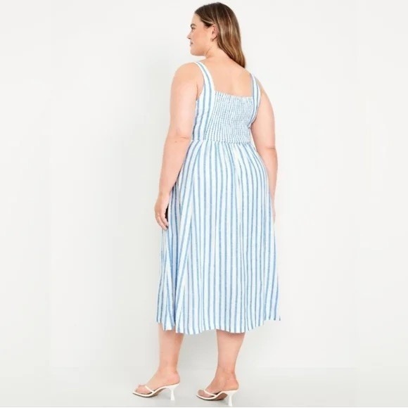 Old Navy Fit & Flare Sleeveless Linen Blend Blue White Stripe Midi Dress: L EUC - Picture 7 of 13